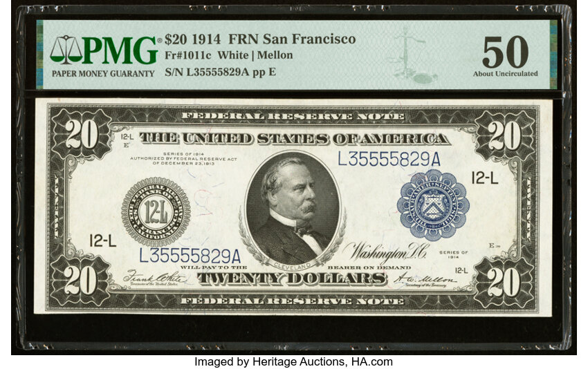 image for: Fr. 1011c $20 1914 Federal Reserve Note PMG About Uncirculated 50....