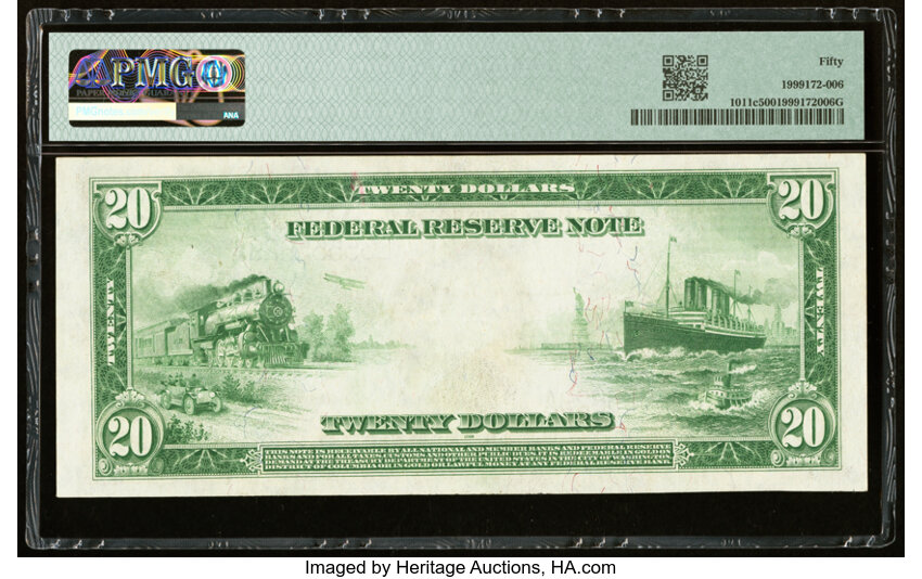 image for: Fr. 1011c $20 1914 Federal Reserve Note PMG About Uncirculated 50....