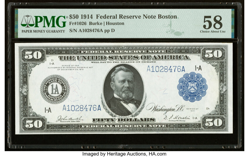 image for: Fr. 1026 $50 1914 Federal Reserve Note PMG Choice About Unc 58....