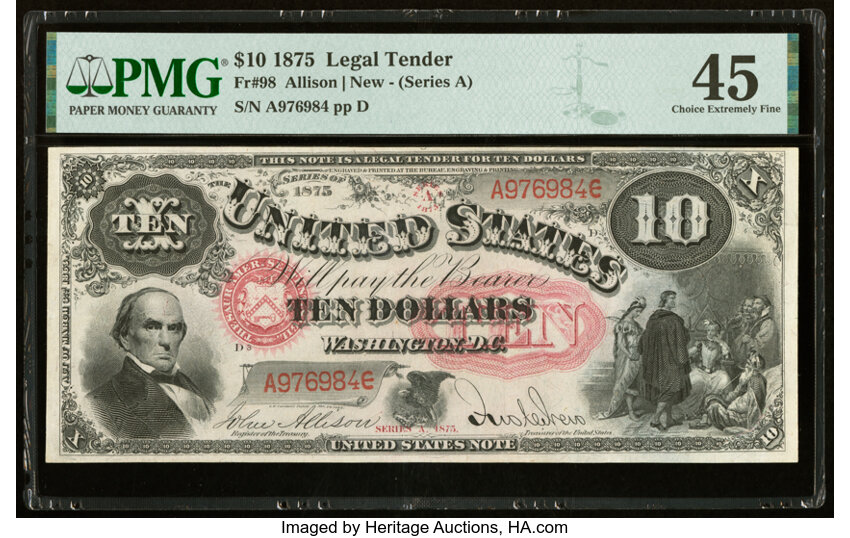 image for: Fr. 98 $10 1875 Legal Tender PMG Choice Extremely Fine 45....