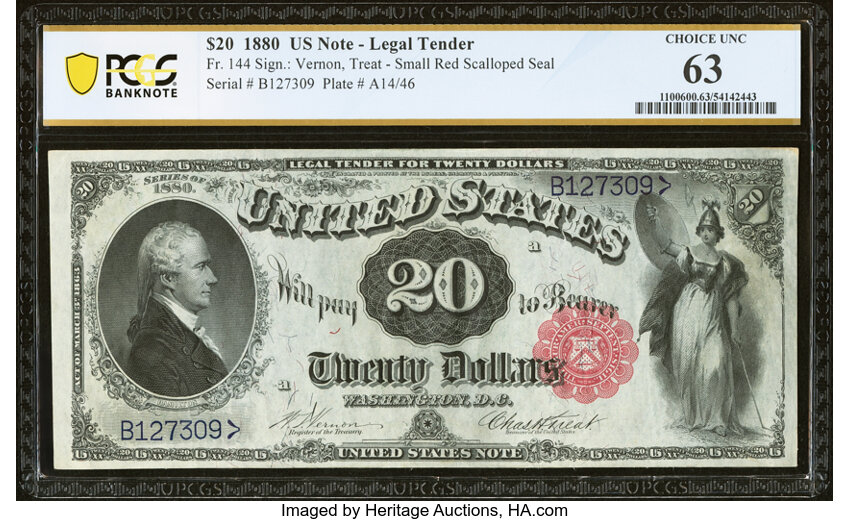 image for: Fr. 144 $20 1880 Legal Tender PCGS Banknote Choice Unc 63....