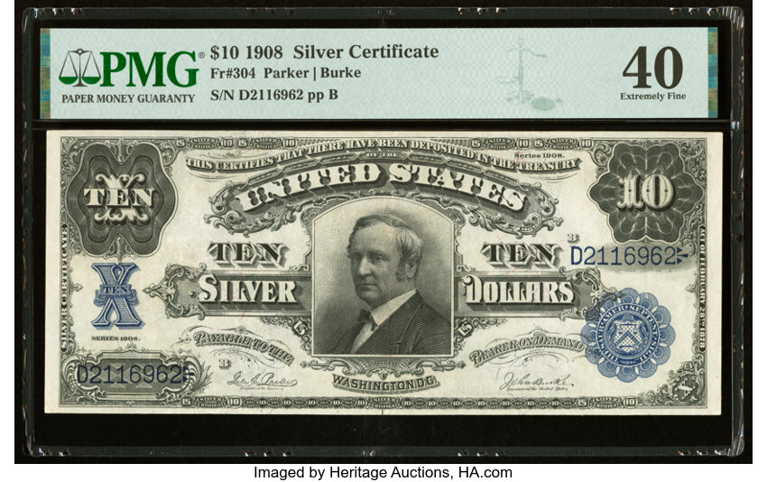 image for: Fr. 304 $10 1908 Silver Certificate PMG Extremely Fine 40....