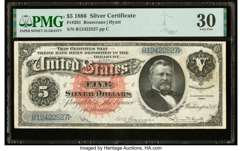 image for: Fr. 261 $5 1886 Silver Certificate PMG Very Fine 30....