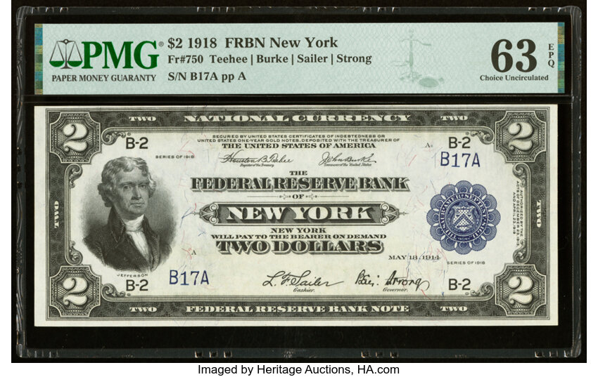 image for: Low Serial Number B17A Fr. 750 $2 1918 Federal Reserve Bank Note PMG Choice Uncirculated 63 EPQ....