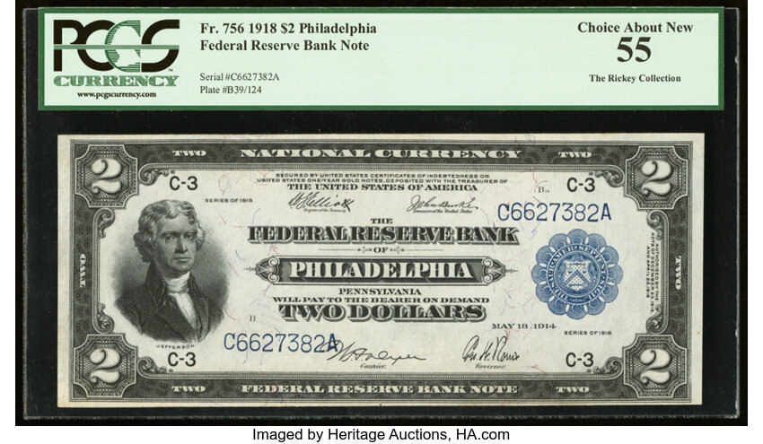 image for: Fr. 756 $2 1918 Federal Reserve Bank Note PCGS Choice About New 55....