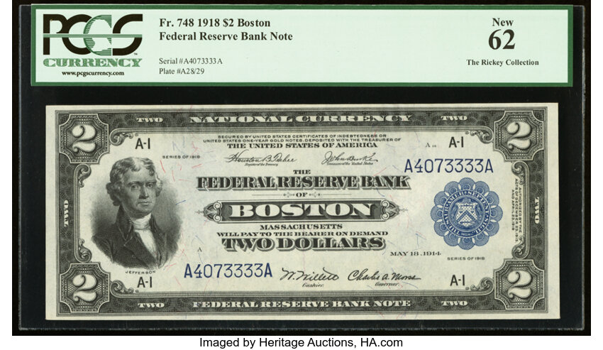 image for: Fr. 748 $2 1918 Federal Reserve Bank Note PCGS New 62....