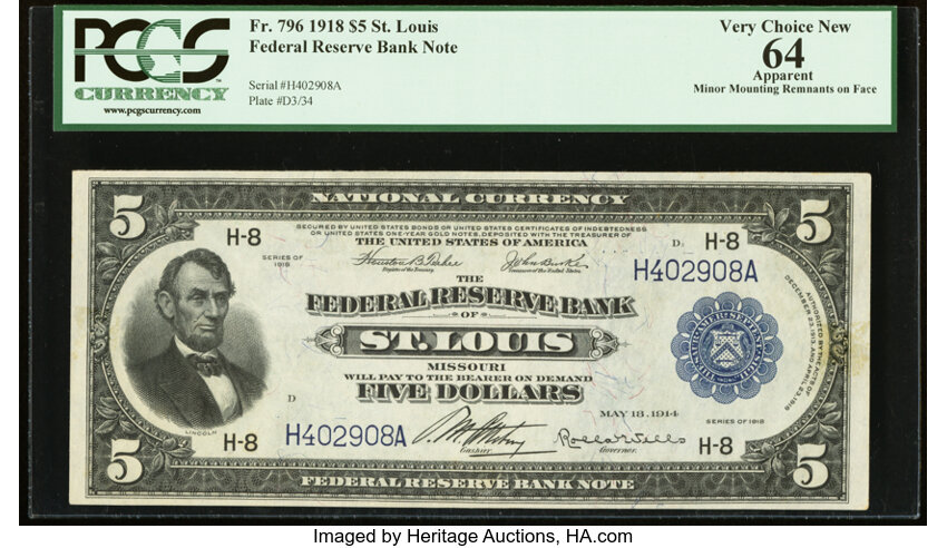 image for: Fr. 796 $5 1918 Federal Reserve Bank Note PCGS Apparent Very Choice New 64....