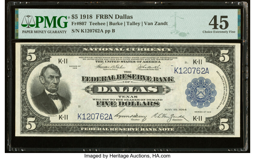 image for: Fr. 807 $5 1918 Federal Reserve Bank Note PMG Choice Extremely Fine 45....