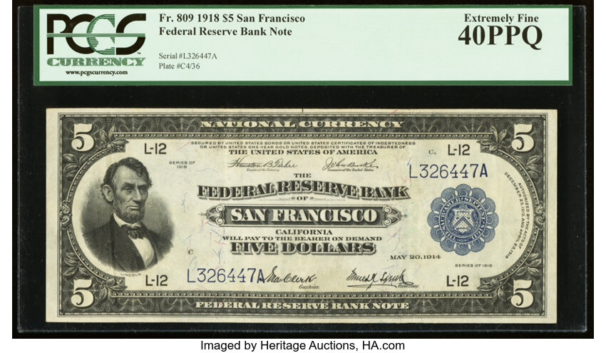 image for: Fr. 809 $5 1918 Federal Reserve Bank Note PCGS Extremely Fine 40PPQ....