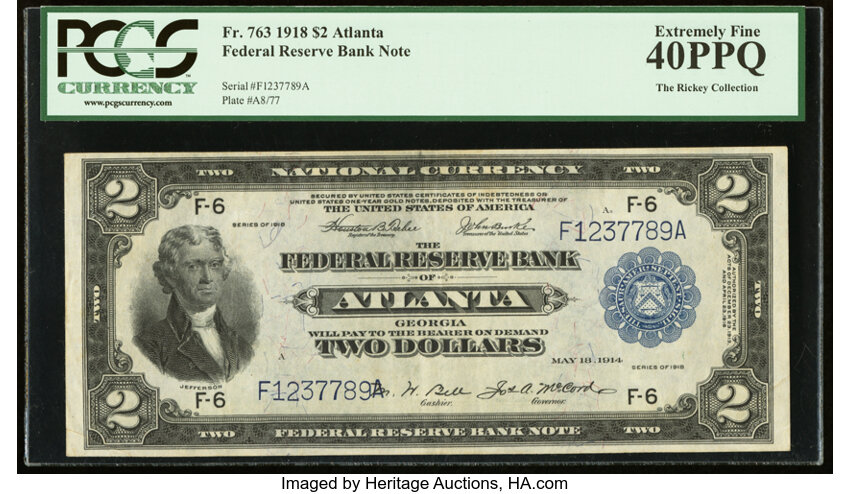 image for: Fr. 763 $2 1918 Federal Reserve Bank Note PCGS Extremely Fine 40PPQ....