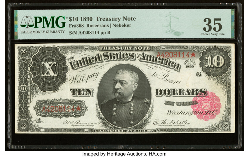 image for: Fr. 368 $10 1890 Treasury Note PMG Choice Very Fine 35....