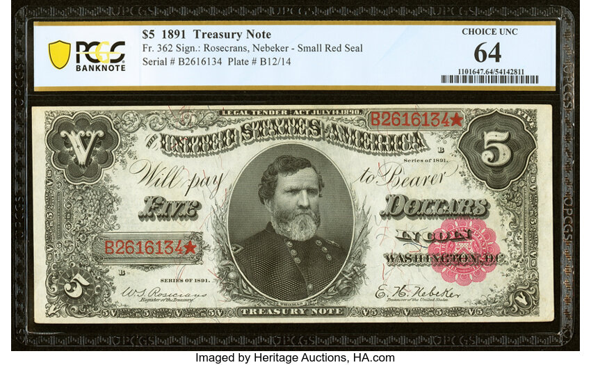 image for: Fr. 362 $5 1891 Treasury Note PCGS Banknote Choice Unc 64....