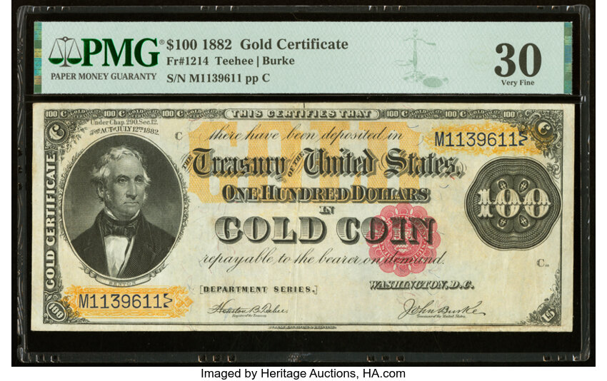 image for: Fr. 1214 $100 1882 Gold Certificate PMG Very Fine 30....