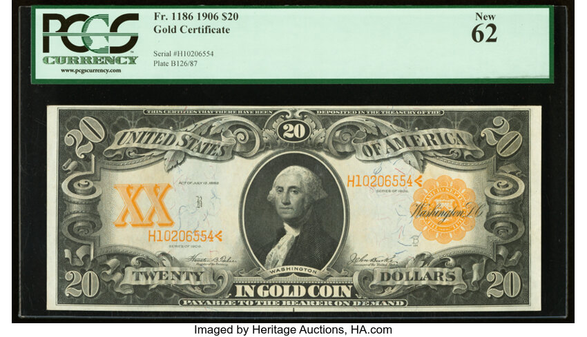 image for: Fr. 1186 $20 1906 Gold Certificate PCGS New 62....