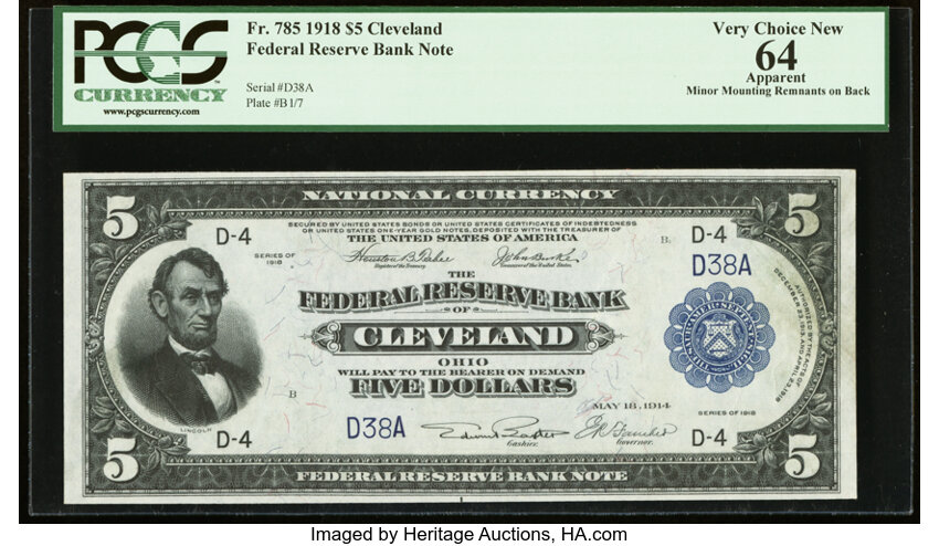 image for: Low Serial D38A Fr. 785 $5 1918 Federal Reserve Bank Note PCGS Very Choice New 64 Apparent....