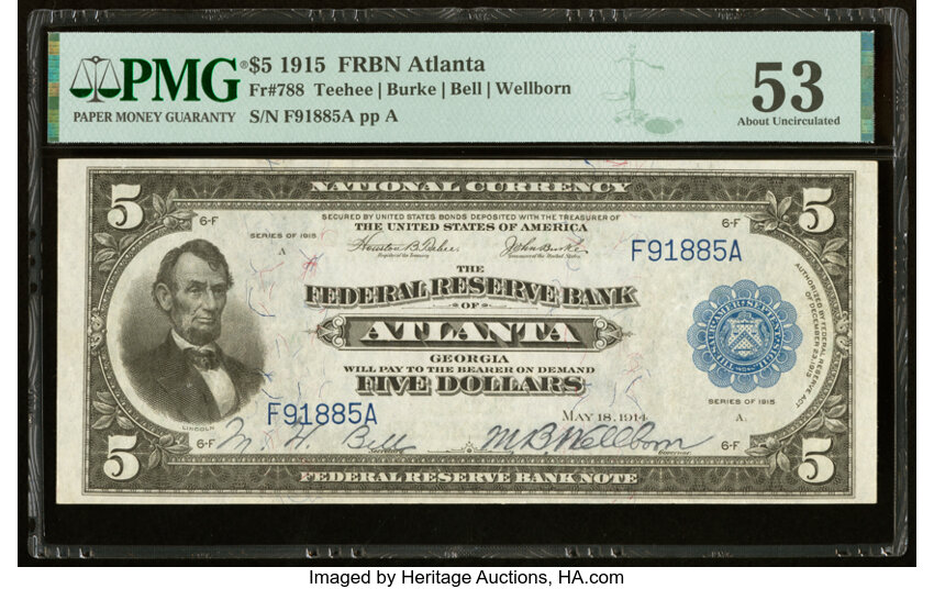 image for: Fr. 788 $5 1915 Federal Reserve Bank Note PMG About Uncirculated 53....