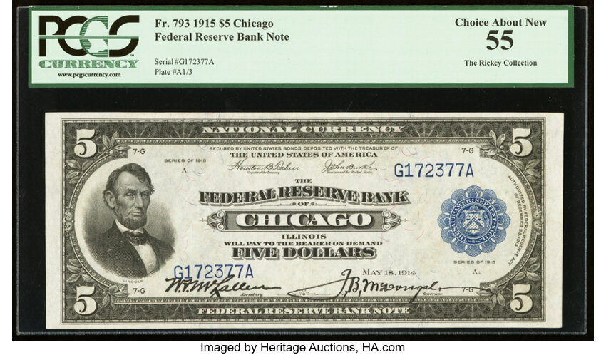 image for: Fr. 793 $5 1915 Federal Reserve Bank Note PCGS Choice About New 55....