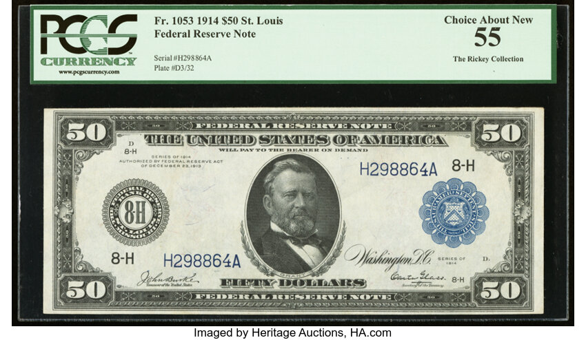 image for: Fr. 1053 $50 1914 Federal Reserve Note PCGS Choice About New 55....