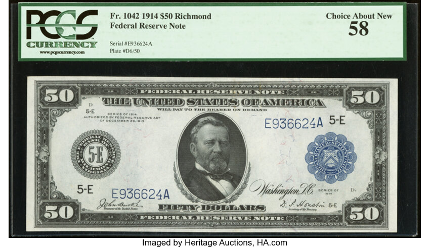 image for: Fr. 1042 $50 1914 Federal Reserve Note PCGS Choice About New 58....