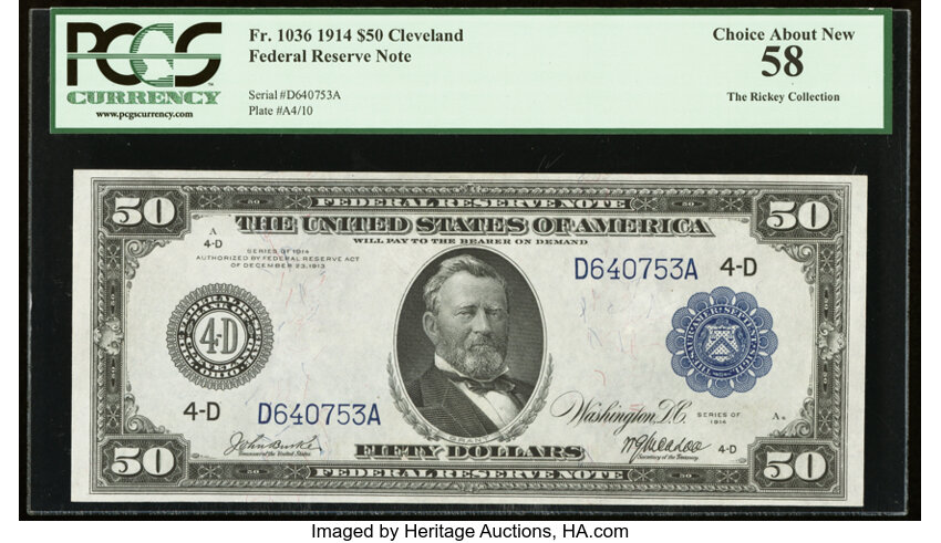 image for: Fr. 1036 $50 1914 Federal Reserve Note PCGS Choice About New 58....