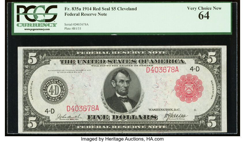 image for: Fr. 835a $5 1914 Red Seal Federal Reserve Note PCGS Very Choice New 64....