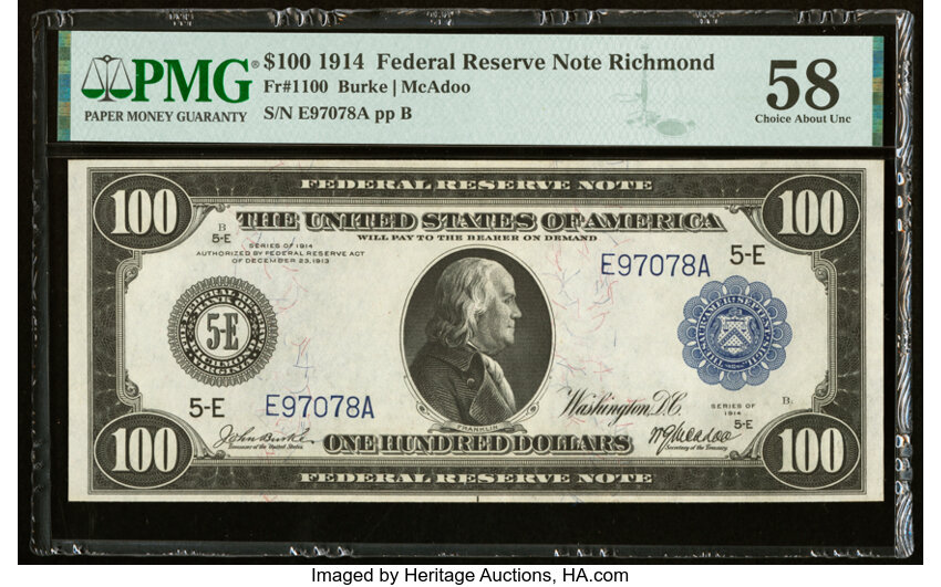 image for: Fr. 1100 $100 1914 Federal Reserve Note PMG Choice About Unc 58....