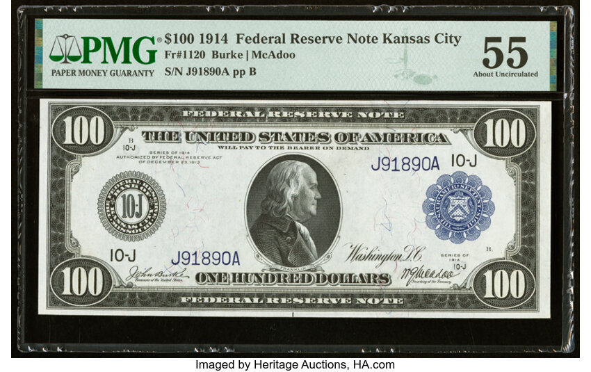 image for: Fr. 1120 $100 1914 Federal Reserve Note PMG About Uncirculated 55....