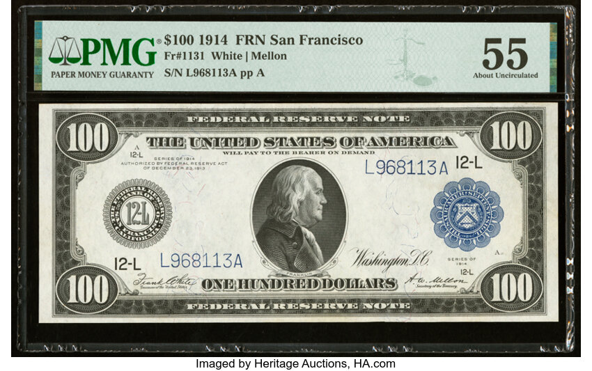 image for: Fr. 1131 $100 1914 Federal Reserve Note PMG About Uncirculated 55....