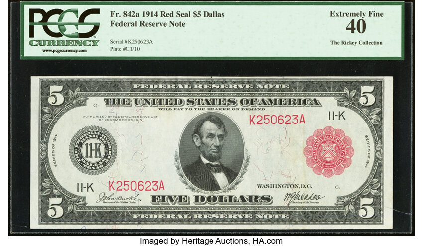 image for: Fr. 842a $5 1914 Red Seal Federal Reserve Note PCGS Extremely Fine 40....