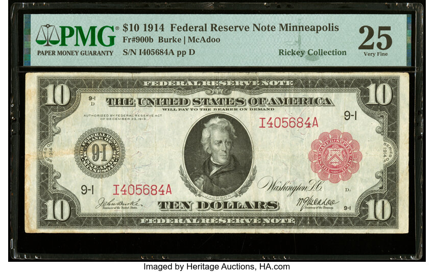 image for: Fr. 900b $10 1914 Red Seal Federal Reserve Note PMG Very Fine 25....