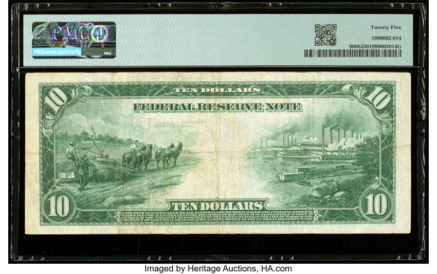 image for: Fr. 900b $10 1914 Red Seal Federal Reserve Note PMG Very Fine 25....