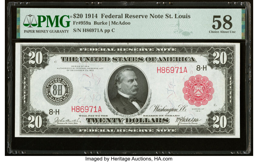 image for: Fr. 959a $20 1914 Red Seal Federal Reserve Note PMG Choice About Unc 58....
