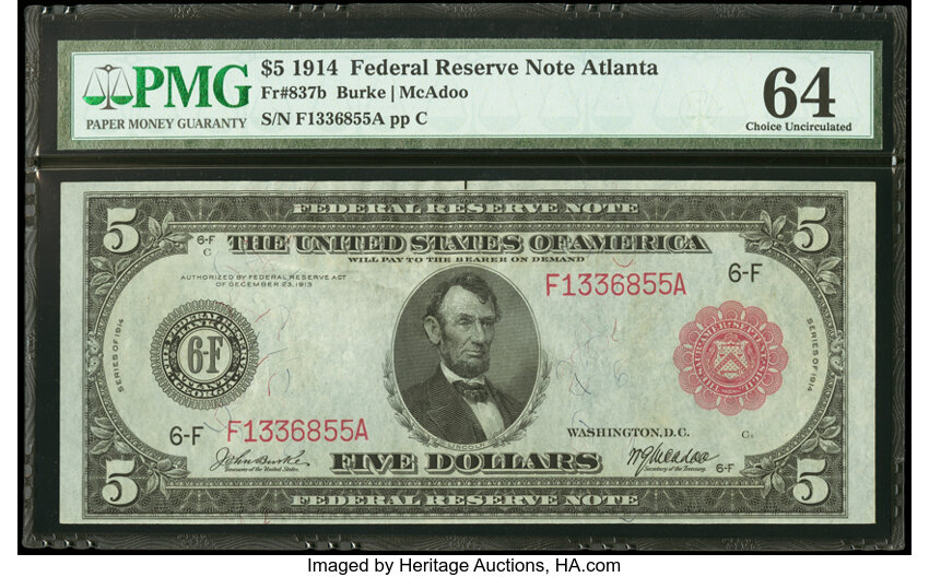 image for: Fr. 837b $5 1914 Red Seal Federal Reserve Note PMG Choice Uncirculated 64....