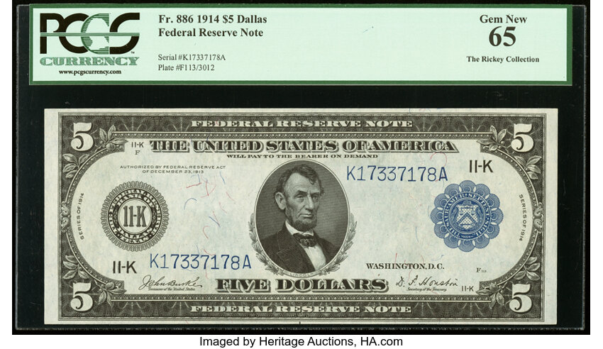 image for: Fr. 886 $5 1914 Federal Reserve Note PCGS Gem New 65....