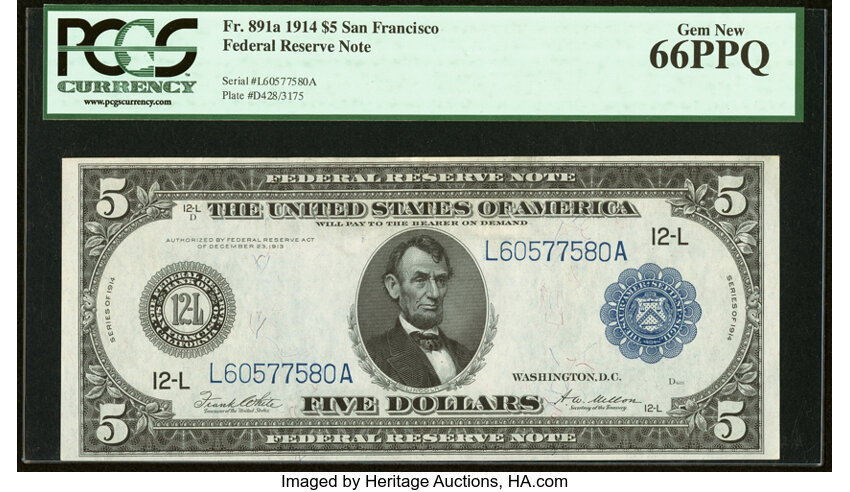 image for: Fr. 891a $5 1914 Federal Reserve Note PCGS Gem New 66PPQ....