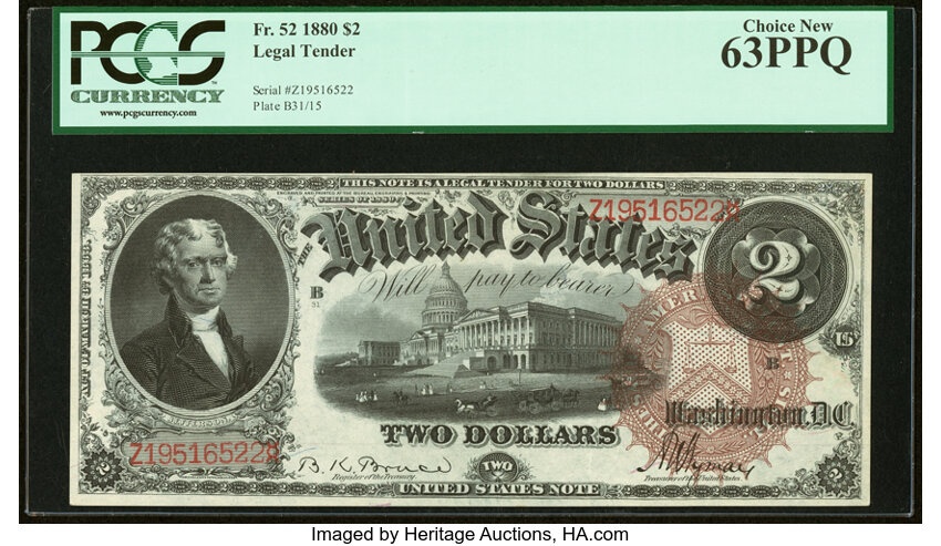image for: Fr. 52 $2 1880 Legal Tender PCGS Choice New 63PPQ....