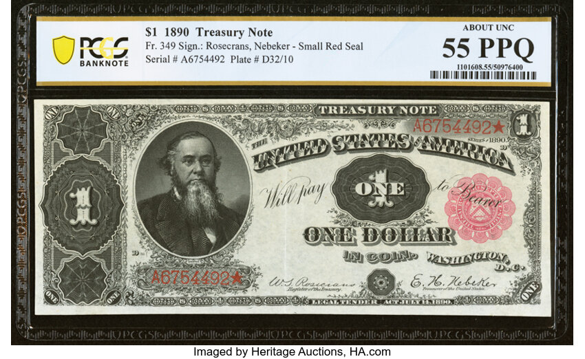 image for: Fr. 349 $1 1890 Treasury Note PCGS Banknote About Unc 55 PPQ....