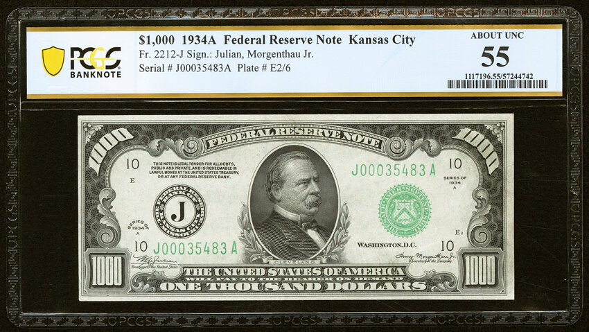 image for: Fr. 2212-J $1,000 1934A Federal Reserve Note. PCGS Banknote About Unc 55....