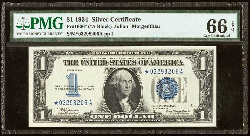 image for: Fr. 1606* $1 1934 Silver Certificate Star Note. PMG Gem Uncirculated 66 EPQ....