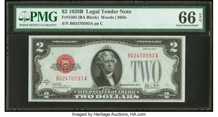 image for: Fr. 1503 $2 1928B Legal Tender Note. PMG Gem Uncirculated 66 EPQ....