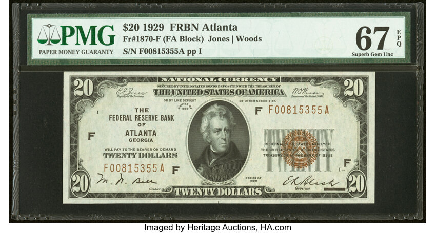 image for: Fr. 1870-F $20 1929 Federal Reserve Bank Note. PMG Superb Gem Unc 67 EPQ....
