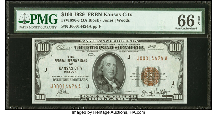 image for: Fr. 1890-J $100 1929 Federal Reserve Bank Note. PMG Gem Uncirculated 66 EPQ....