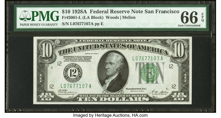 image for: Fr. 2001-L $10 1928A Federal Reserve Note. PMG Gem Uncirculated 66 EPQ....