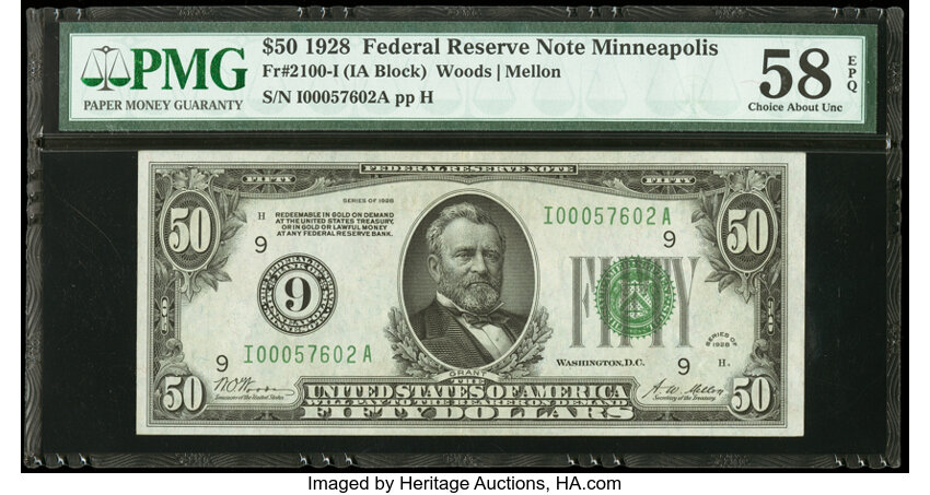 image for: Fr. 2100-I $50 1928 Federal Reserve Note. PMG Choice About Unc 58 EPQ....