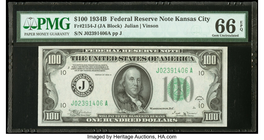 image for: Fr. 2154-J $100 1934B Federal Reserve Note. PMG Gem Uncirculated 66 EPQ....
