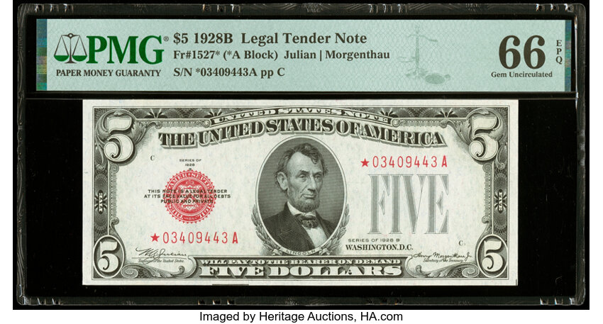 image for: Fr. 1527* $5 1928B Legal Tender Star Note. PMG Gem Uncirculated 66 EPQ....