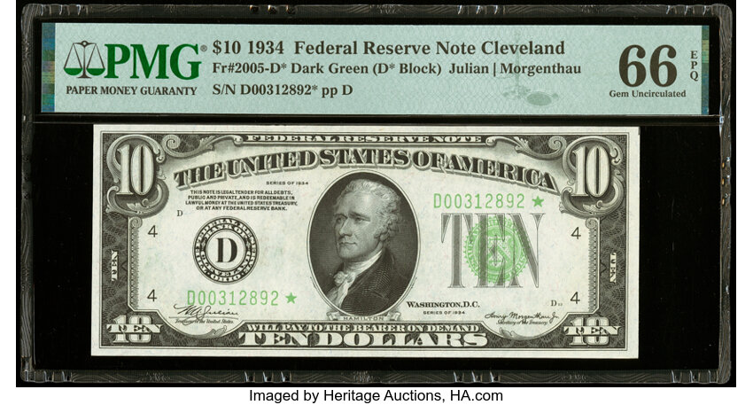 image for: Fr. 2005-D* $10 1934 Federal Reserve Star Note. PMG Gem Uncirculated 66 EPQ....