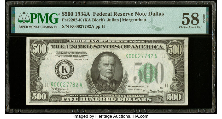 image for: Fr. 2202-K $500 1934A Federal Reserve Note. PMG Choice About Unc 58 EPQ....