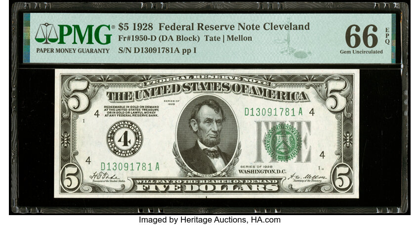 image for: Fr. 1950-D $5 1928 Federal Reserve Note. PMG Gem Uncirculated 66 EPQ....