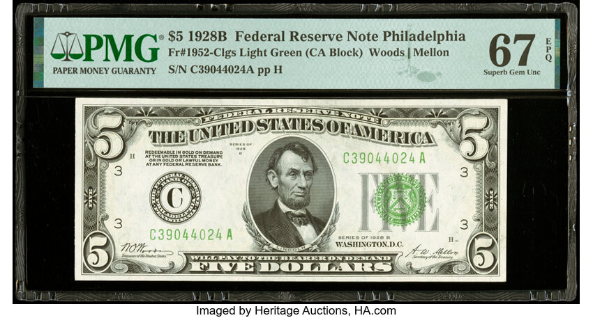 image for: Fr. 1952-C $5 1928B Light Green Seal Federal Reserve Note. PMG Superb Gem Unc 67 EPQ....